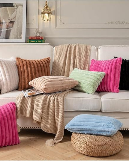 DEELAND Pack of 2,Double-Sided Faux Fur Plush Decorative Throw Pillow Covers Fuzzy Striped Soft Pillowcase Cushion Covers for Sofa Couch Bedroom Black 22x22 inch
