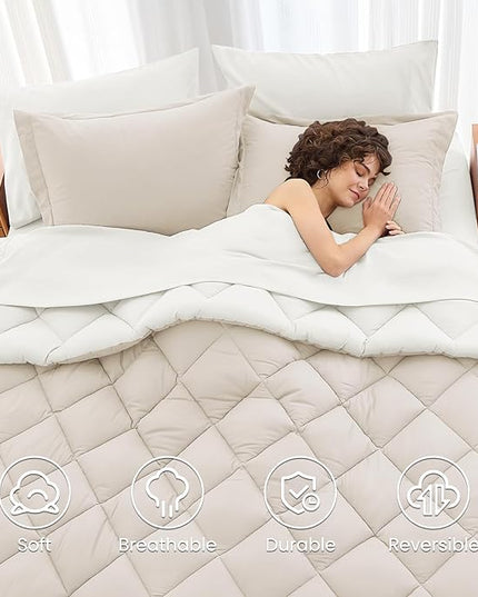 MUXHOMO 5 Pieces Twin XL Comforter Set, Reversible Bed in a Bag Twin XL Size, All Season Bedding Set with Comforter, Flat Sheet, Fitted Sheet, Pillowcases & Shams, Beige & White