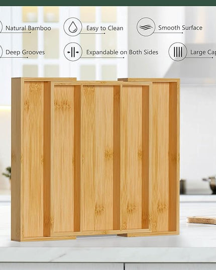 Bamboo Utensil Organizer Cutlery Organizer - Expandable 5 Slots Multipurpose Kitchen Drawer Organizer for Large Cooking Utensils, Baking Tools, Knife Set W13.7"-19.9" x L17.6" X H2.5"(Yellow)