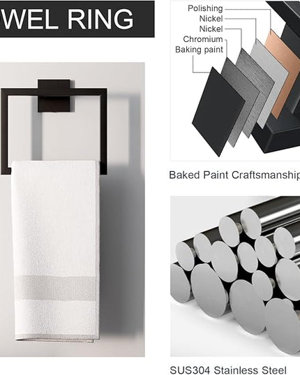 5-Piece Matte Black Bathroom Accessories Set, SUS304 Stainless Steel Wall Mounted 16 Inch Hand Towel Bar, Toilet Paper Holder, Towel Ring, Towel Hooks, Bathroom Hardware Set, Towel Bar Set