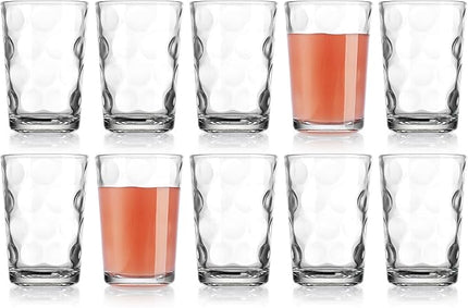 Home Essentials Drinking Glasses Set of 10 Juice Glass Cups, 7 oz Glassware, Inner Circular Lensed Small Glasses. Ideal for Juice, Milk, Water; Dishwasher Safe.