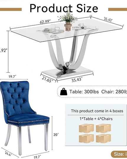 70" Modern Silver Glass Dining Table Set for 4, 5-Piece Rectangle Kitchen Dining Room Table Set with Steel Base & 4 Blue Velvet Upholstered Chairs, Modern Glass Kitchen Table and Chairs Set of 4