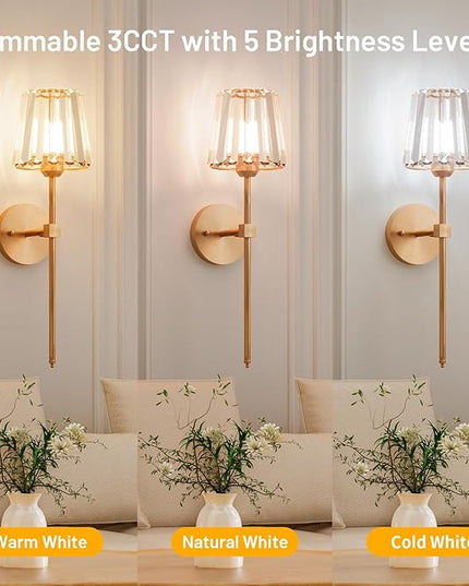 Crystal Battery Operated Wall Sconces Set of 2, Gold Rechargeable Wireless Wall Sconce Lights with Crystal Lampshade, 12 RGB and 3CCT Dimmable Wall Lamps with Remote for Bedroom Living Room Hallway