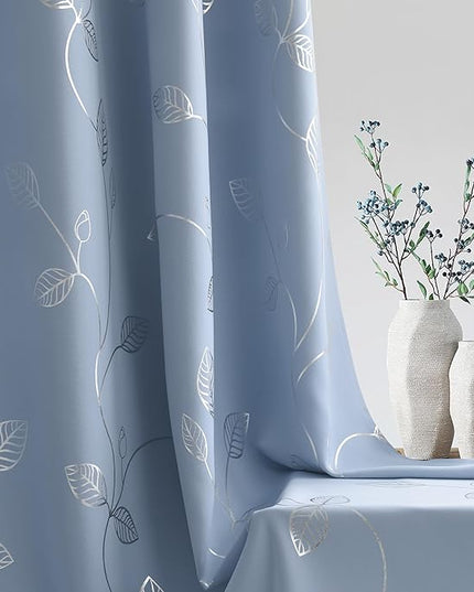 BUHUA Heat Blocking Curtains, Black Out Curtains 72 Inch Long 2 Panels Burg, Soundproof Curtains with Silver Leaf Printed (52 x 72 Inch, Baby Blue, Set of 2 Panels)