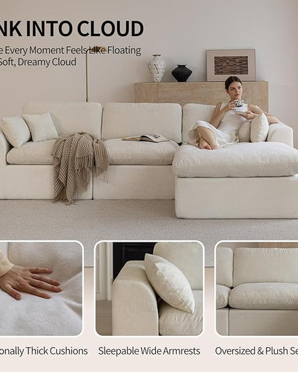 115''Cloud Sectional Couch, Modern L-Shape Sofa with Ottoman, Oversized Convertible 3 Seater Modular Couches for Living Room, Warm White