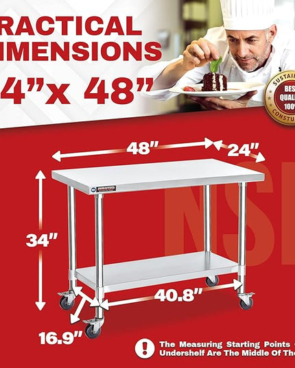DuraSteel 24x48 NSF Stainless Steel Cart - Heavy Duty Food Prep Table with Undershelf - Rolling Kitchen Island on Wheels for Commercial Restaurant Kitchen, Garage, Outdoor Cooking, BBQ Grill, Counter