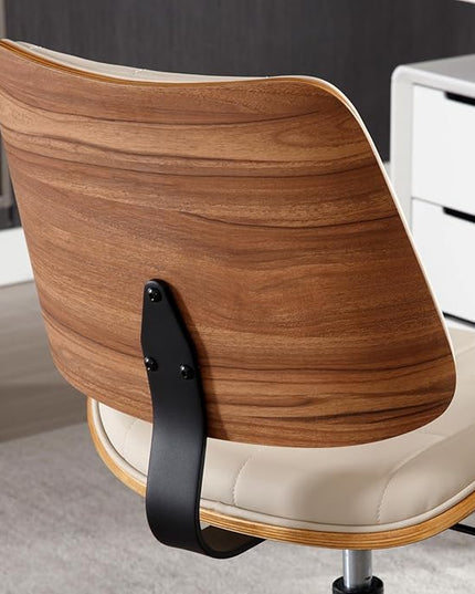 Home Office Desk Chair with Wheels, Adjustable Height Armless Office Chair, PU Leather Mid Back 360° Small Computer Chair, Modern Walnut Chair No Arms for Office, Reading Meeting Room(Beige)