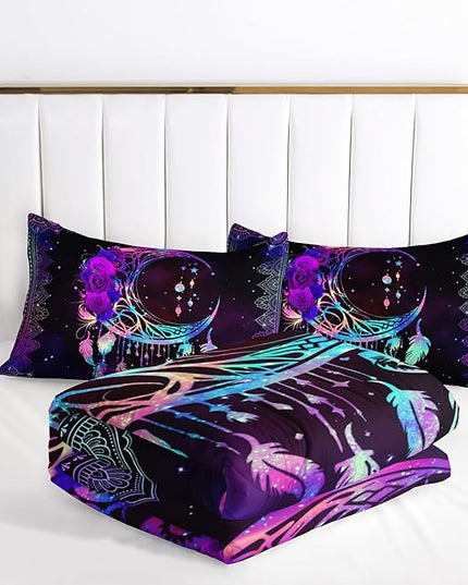 AILONEN Purple Galaxy Moon Comforter Set, Mandala Bohemian Bedding Set Queen Size,Moon Dream Catcher Starry Comforter Boys Girls Bed in a Bag Duvet Set, 1 Quilt and 2 Pillowcases