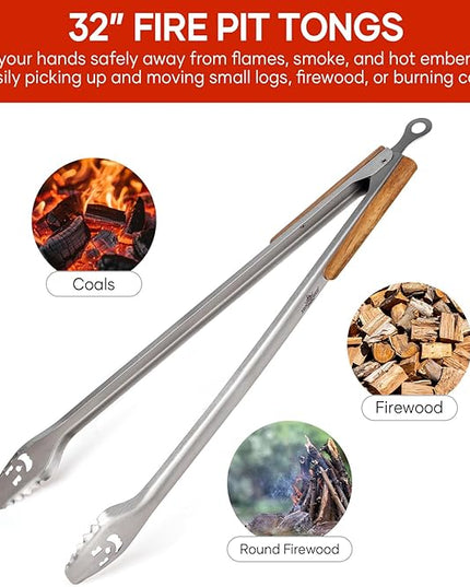 Fire Pit Tongs 32-inch Super Long for Loading Wood,BBQ with Extended Luxurious Acacia Handle for Fire Pits, Fire Rings,Campfires, and Fireplaces, Outdoor or Indoor ﻿