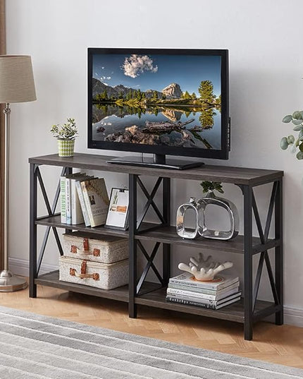 LVB Rustic Console Table, Industrial Modern Sofa Table Behind Couch, Long Metal Wood Entryway Table with Storage Shelf, Farmhouse Foyer Hallway Table for Home Living Room Bedroom, Dark Gray Oak, 63 in