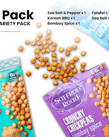 Saffron Road Crunchy Chickpeas Variety Pack with Bombay Spice, Korean BBQ, Falafel, Sea Salt & Cracked Pepper | High-Protein, Vegetarian, Non-GMO, Halal & Kosher Certified Snack | Pack of 6