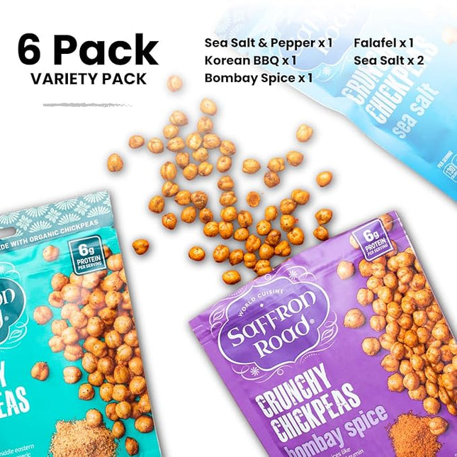 Saffron Road Crunchy Chickpeas Variety Pack with Bombay Spice, Korean BBQ, Falafel, Sea Salt & Cracked Pepper | High-Protein, Vegetarian, Non-GMO, Halal & Kosher Certified Snack | Pack of 6