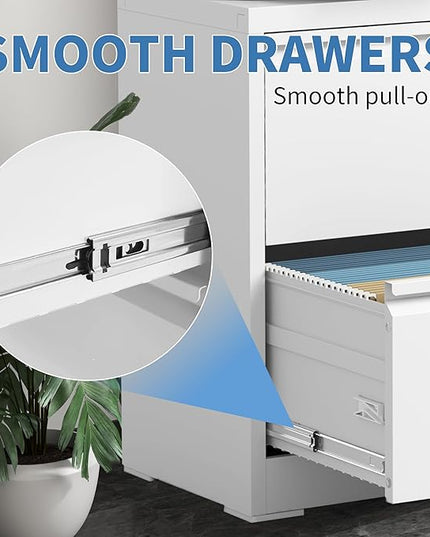 File Cabinets 2 Drawer, Metal Office Storage Filing Cabinet with Lock, White Lateral Filing Cabinet for Home Office,Horizontal Two Drawer File Cabinets for Legal/Letter,Assembly Require,White