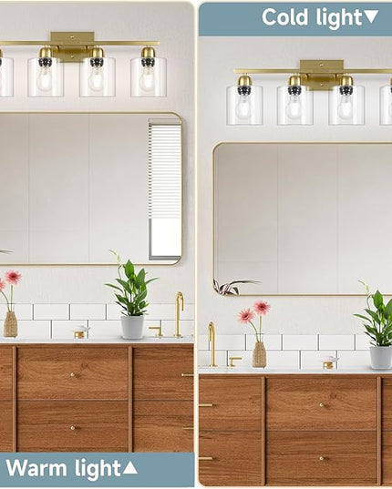 Modern Brushed Gold 4 Light Bathroom Light Fixtures, 24 inch Vanity Lights for Bathroom with Clear Glass, Bathroom Vanity Light for Mirror Kitchen Living Room Hallway Cabinet Porch