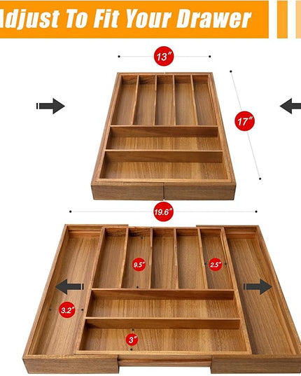Bellsal Large Premium Acacia Wood Silverware Organizer - Expandable Utensil Drawer Organizer - 17"x19.6" Utensil Holder and Cutlery Tray with Grooved for Kitchen Flatware Utensils(7-9 Slot, Acacia)