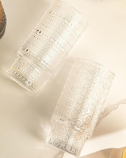 16oz Drinking Glasses Set of 4, 2 Hobnail Glasses & 2 Embossed Water Goblets, Flower Design Stackable Vintage Tumbler Glasses, Old Fashion Beaded Glass Cups for Cocktail, Iced Coffee, Beer