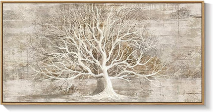 Framed Vintage Tree of Life Wall Art, Neutral Rustic Farmhouse Tree Canvas Painting Print Artwork for Walls, Gray White Beige Modern Abstract Forest Picture for Living Room Bedroom Office Wall Decor