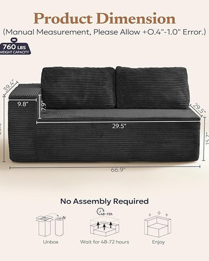 Loveseat Sofa, Cloud Modular Sofa Couch, Upholstered Floor Sofa with Deep Seat, Upholstered Foam Couch for Bedroom Living Room, No Assembly Required (Plush Corduroy Fabric, Black)