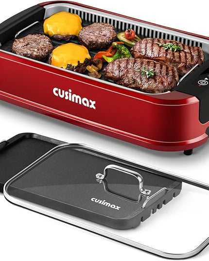 Indoor Grill, CUSIMAX Smokeless Grill Indoor, Electric Griddle, 1500W Korean BBQ Grill with LED Smart Display & Tempered Glass Lid, Non-stick Removable Plate & Griddle Plate, Red