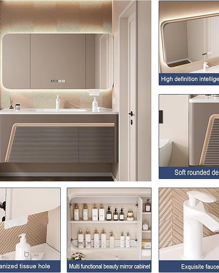 40IN Modern Bathroom Vanity - Floating Bathroom Vanity with Sink with Rounded Corner Smart Mirror Cabinet & Smart Defogging | Wave Panel Design & Large Storage Space