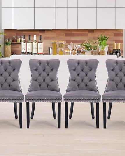 SoarFlash Velvet Dining Chairs Set of 4, Tall Back Side Chair, Modern Upholstered High-end Tufted Side Chair with Button Back Ring, Solid Wood Legs (Gray)