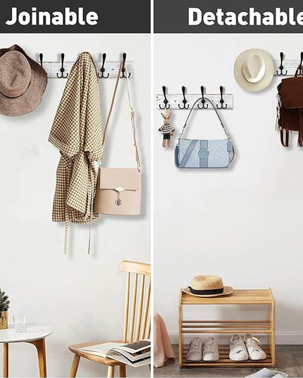 32.2'' Large Coat Rack Wall Mount Coat Hooks with 8 Metal Black Triple-Hooks Old White Pine Real Wood Plank Hat Rack for Wall Hooks