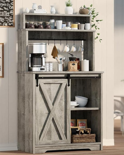 Farmhouse Coffee Bar with 3 Tier Storage Hutch, 56 Inch Small Coffee Station with 6 Hooks, Corner Bar Table with Adjustable Shelves for Living Dining Room (Grey)