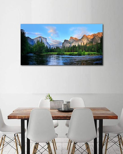 Canvas Wall Art Panorama of Yosemite Valley Painting Canvas Artwork Lake Mountain National Park Nature Pictures Framed Wall Art for Living Room Bedroom Office Wall Decor Home Decoration 24" x 48"