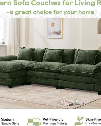 120" Modular Sectional Sofa, Comfy Cloud Couch Sectional Sofa with Ottoman, Chenille Sofa Sleeper Deep Seat Sofa with Throw Pillows for Living Room (Green, 120"- L Shape)