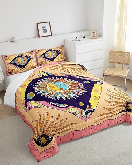 Manfei Starry Sky Galaxy Trippy Comforter Set Twin,Sun Moon Bedding Set 2pcs for Kids Teens Adults Room Decor,Geometric Boho Exotic Comfy Quilt Set,Colorful Vintage Duvet Insert with 1 Pillowcase