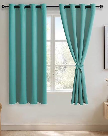 JIUZHEN Turquoise Blackout Curtains with Tiebacks-Thermal Insulated, Light Blocking and Noise Reducing Grommet Curtain Drapes for Bedroom and Living Room, Set of 2 Curtain Panels, 52x63 Inch Length