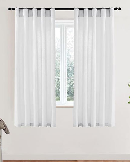 XTMYI White Sheer Curtains 68 Inches Long for Bedroom Living Room Dining Room,Linen Cotton Privacy Curtains for Kitchen Bathroom,40x68 Inch Length 2 Panels Set