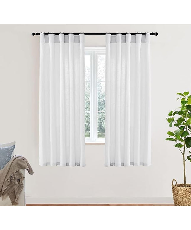 XTMYI White Sheer Curtains 68 Inches Long for Bedroom Living Room Dining Room,Linen Cotton Privacy Curtains for Kitchen Bathroom,40x68 Inch Length 2 Panels Set