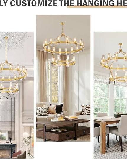 48" Modern High Ceiling Chandelier, 2 Tier Wagon Wheel Chandelier with Glass Shade, 24-Lights Large Round Modern Farmhouse Pendant Lighting Fixture for Dining Room, Living Room, Kitchen, Foyer