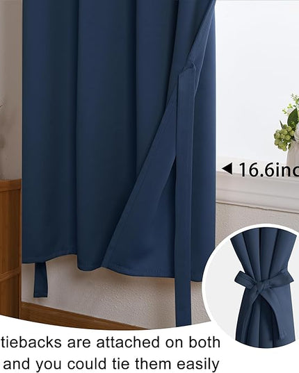 JIUZHEN Short Curtains Kitchen Half Window Blackout Curtains with Tiebacks for Baseroom Shadows, Grommet Curtains for Living Room, Set of 2 Window Curtain Panels, 52 x 36 Inch Length，Navy