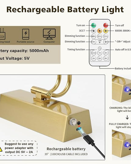 Joosenhouse Battery Operated Picture Light 5000mAh Rechargeable Wall Light 15.7" Wireless Picture Lights for Wall with Remote Control for Paintings Photo Spot Lights Indoor Brass Color
