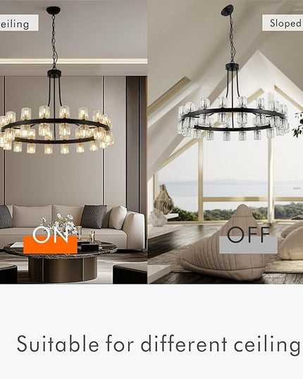 36" Wagon Wheel Chandelier Black Wagon Wheel Chandelie with Crystal Shade,Modern Style, Ideal for Dining Room, Kitchen, Entryways,36-Lights