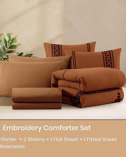 MaiRêve Embroidery Comforter Set, Boho Farmhouse Western Bedding Set, All Season Bed in A Bag Comforter Set with Sheets, Pillowcases & Shams, Burnt Orange California King 7 Pieces