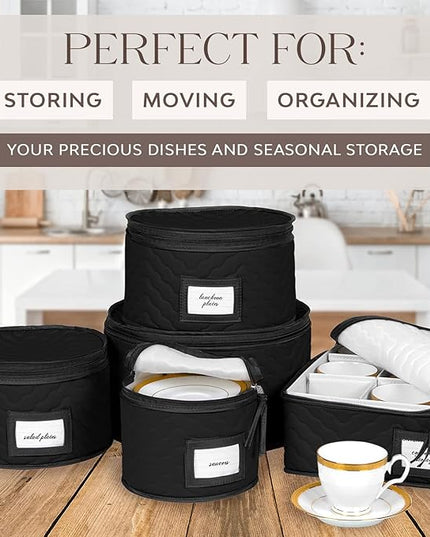 China Storage Containers 5-Piece Set Moving Boxes for Dinnerware, Glasses, Plates, Mugs and Saucers Sturdy Quilted Microfiber Dish Organizer with Dividers for Seasonal Storage - Holds Set of 12, Black