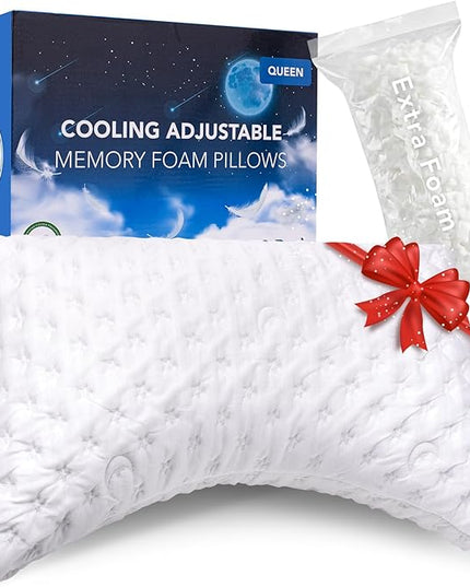 Cooling Side Sleeper Pillow for Neck and Shoulder Pain, Luxury Shredded Memory Foam Curved Bed Pillows for Sleeping Set of 1- Adjustable Queen Size- Washable Cover Crescent White
