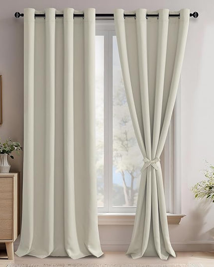 JIUZHEN Ivory Blackout Curtains with Tiebacks - Thermal Insulated, Light Blocking and Noise Reducing Grommet Curtains for Bedroom and Living Room, Set of 2 Window Curtain Panels, 52 x 96 Inch Length