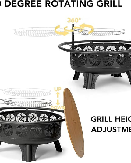 38” Wood Burning Fire Pits for Outside,3-in-1 Fire Pit with Grill, Spark Screen & Fire Poker,Outdoor Firepit Table with Swivel Cooking Grate for Yard BBQ Bonfire Patio Camping (38 inch)