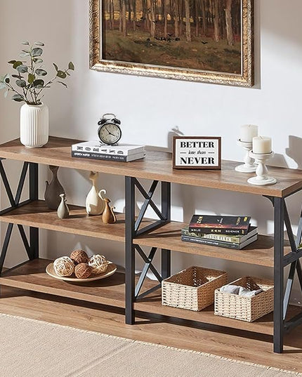 IBF Farmhouse Entryway Table, Rustic Long Console Table Behind Couch, Modern Metal Wooden Sofa Table with Storage Shelves, 3 Tier Foyer Hallway Table for Livingroom, Rustic Oak,63 in
