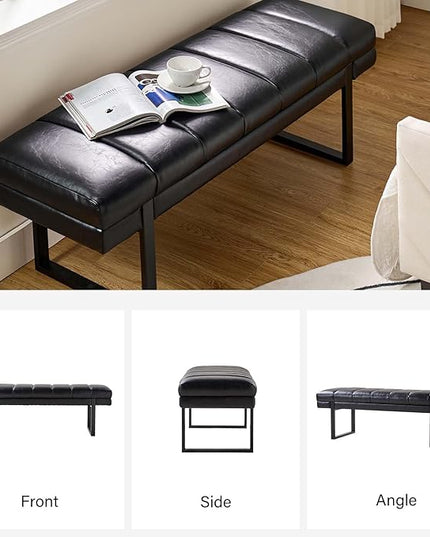 HULALA HOME 53" Faux Leather Entryway Bench, Button Tufted End of Bed Bench Ottoman for Bedroom, Living Room with Metal Base,Black