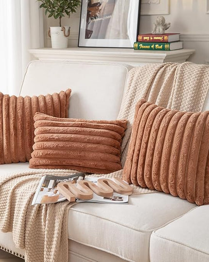 DEELAND Pack of 2,Double-Sided Faux Fur Plush Decorative Throw Pillow Covers Fuzzy Striped Soft Pillowcase Cushion Covers for Sofa Couch Bedroom Brown 12x20 inch