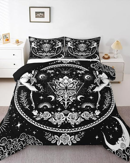 Sun Moon Kids Comforter Set Twin Size,Starry Sky Galaxy Trippy Bedding Set,Boys Girls Adults Room Decor,Butterfly Skeleton Rose Flowers Boho Down Comforter,Black White Duvet Insert,1 Pillowcase