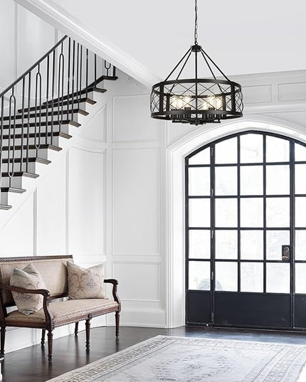 6-Light Black Rustic Drum Chandelier, 22.5” Modern Chandelier for Dining Room, Round Metal Hanging Light Fixture for Foyer, Entryway, Bedroom, Kitchen Island
