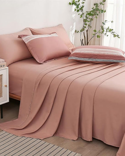 KAKIJUMN 5 Piece Bed in a Bag Stripe Comforter Set Twin Size, White Grey Blush Pink Patchwork Striped Comforter and Sheet Set, All Season Soft Microfiber Complete Bedding Sets(Pink,Twin)