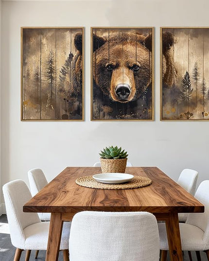 ANHUIB Brown Bear Wall Art 16x24 Inch Forest Paintings Rustic Wildlife Wall Decor Set of 3 for Living Room Bedroom Dining Room