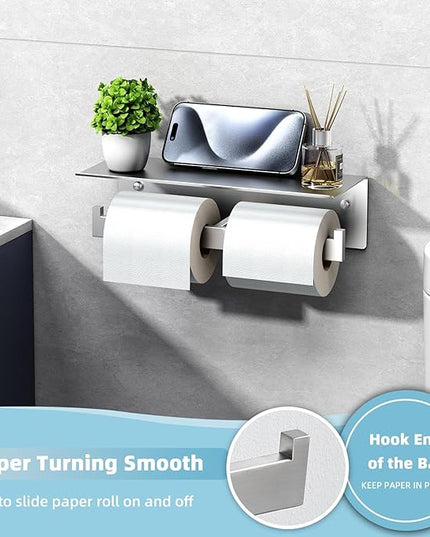 Suyar Double Toilet Paper Holder with Shelf, SUS 304 Stainless Steel Toilet Tissue Roll Holder, Brushed Nickel